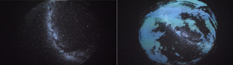 （左から）光学式で投影した精密な恒星映像、プロジェクターの映像と重ね合わせたもの（出典：セガトイズ）