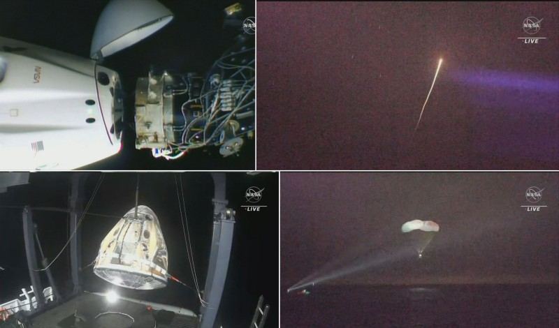 （左上から時計回りで）ISSから離脱、大気圏再突入、着水、回収（出典：JAXA/NASA）