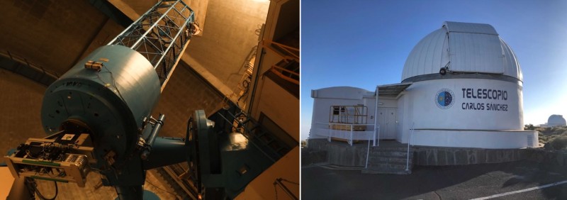 （左）MuSCATを取りつけた岡山の望遠鏡、（右）MuSCAT2を取りつけたスペイン・テイデ観測所のドーム（出典：東京大学など）