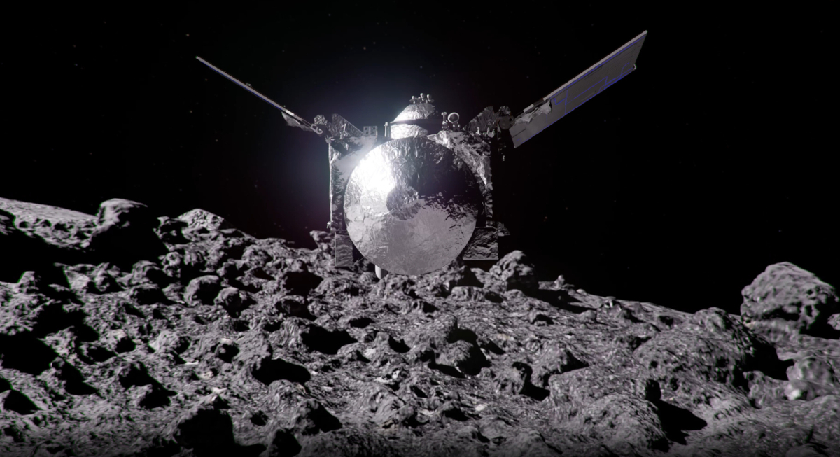 OSIRIS-APEXでは、試料（サンプル）は回収しないが、推進器（スラスタ）でApophisの表面の岩石や塵をかき混ぜて観察するという（出典：NASA Goddard Space Flight Center Conceptual Image Lab）