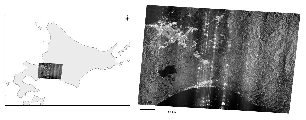 画像1：7月15日に高分解能モードで初の観測。北海道の札幌、千歳、苫小牧を撮影。この時の観測幅は100km（出典：JAXA）