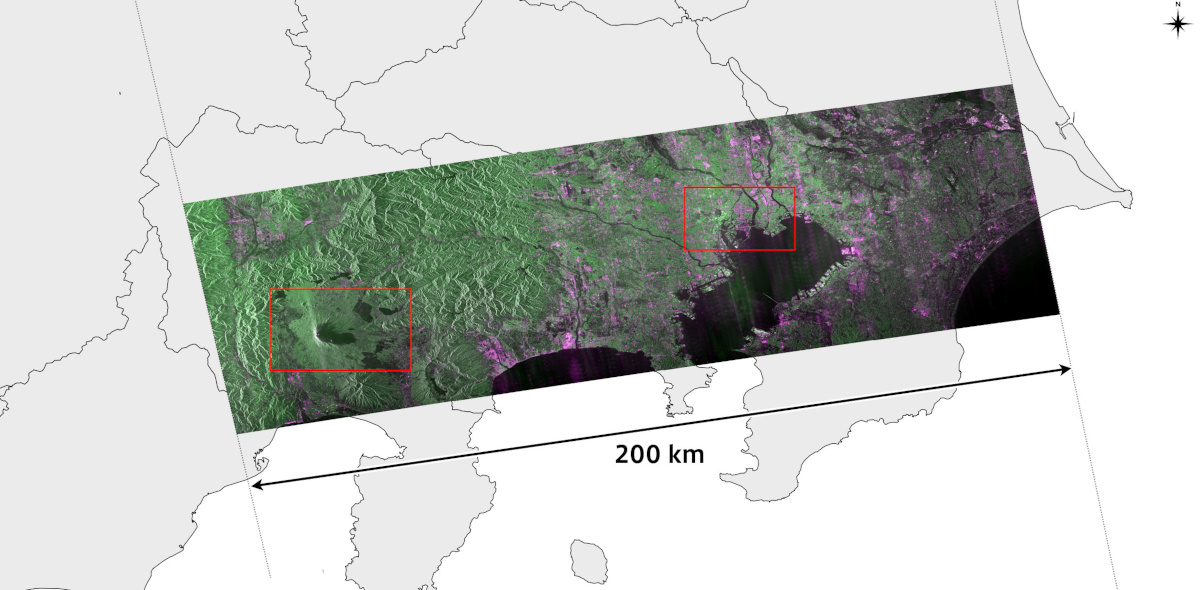 画像2：PALSAR-3で関東地方と富士山付近を観測。分解能3m、観測幅200km（出典：JAXA）