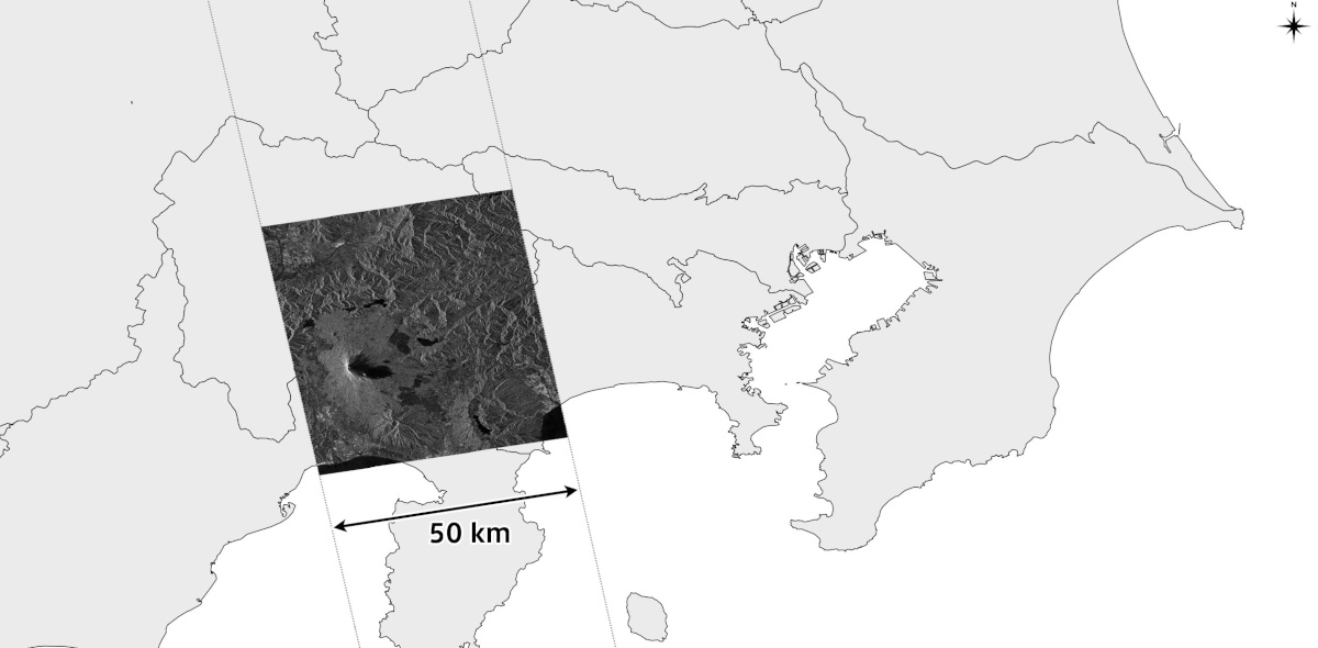 画像3：だいち2号の「PALSAR-2」で富士山付近を観測。分解能3m、観測幅50km（出典：JAXA）