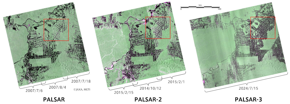 画像6：だいちの「PALSAR」（2007年）、PALSAR-2（2014～2015年）、PALSAR-3（2024年）によるブラジル・ロンドニア州の観測画像の比較（出典：JAXA）