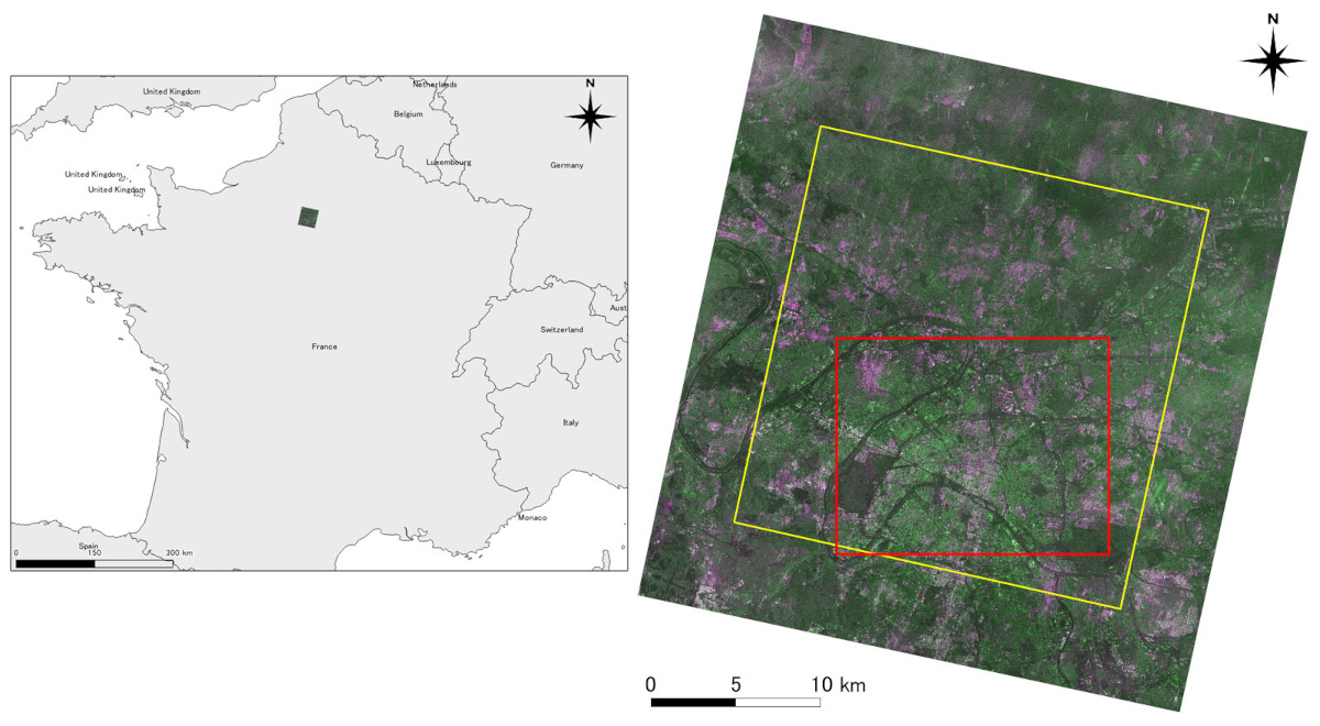 画像8：仏パリ周辺をPALSAR-3のスポットライトモード（分解能1m×3m、範囲35km四方）で撮影。黄色枠はPALSAR-2の観測範囲イメージ（出典：JAXA）