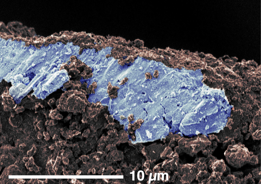 リュウグウの砂表面で見られたナトリウム炭酸塩脈の擬似カラー電子顕微鏡画像（出典：京都大学）