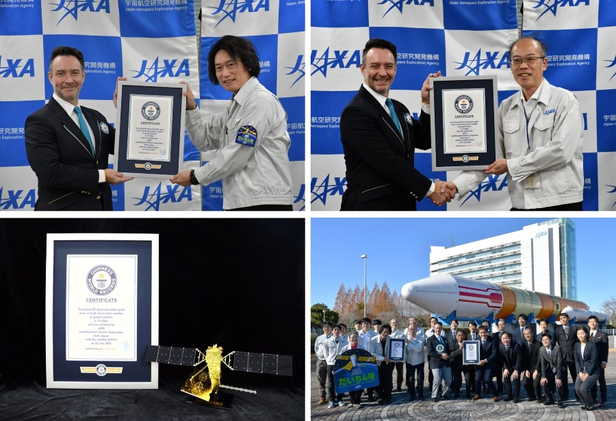 （左上から時計回りに）公式認定証を受け取るJAXA 第一宇宙技術部門 先進レーダ衛星プロジェクトチーム プロジェクトマネージャ 勘角幸弘氏、JAXA 研究開発部門 第一研究ユニット ユニット長 谷島正信氏、開発チーム、公式認定証（出典：JAXA 第一宇宙技術部門）