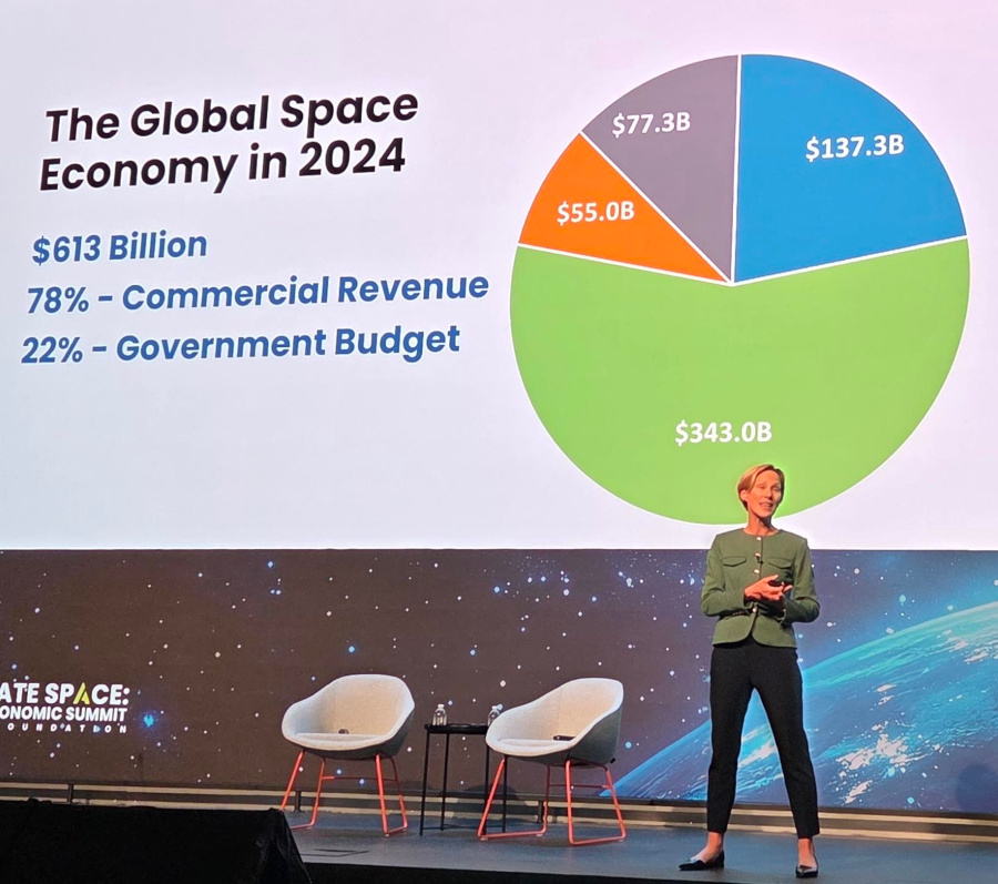 7月22日にBloombergが主催したイベントでThe Space Report2025年第2四半期版について登壇したSpace FoundationのCEOであるHeather Pringle氏（出典：Space Foundation）