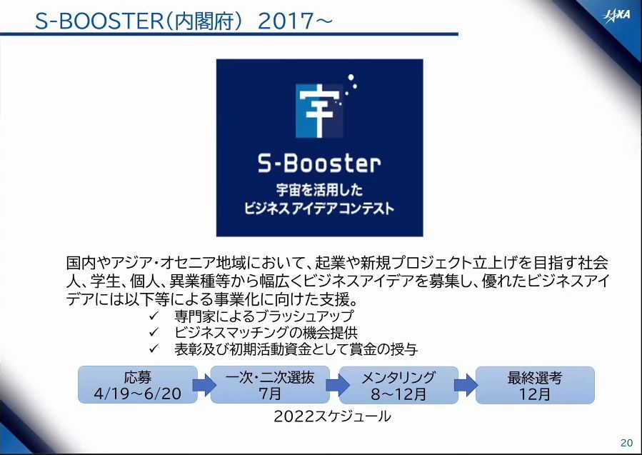 内閣府と共催している宇宙活用のビジネスアイデアコンテスト「S-Booster」（出典：JAXA）