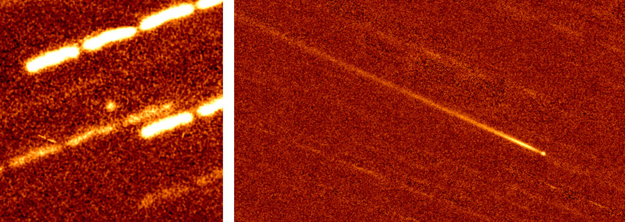 左：中央に写った点状の彗星、右：接近後に長い尾を引いた（出典：ハワイ観測所/CFHT/Man-To Hui氏/David Tholen氏）