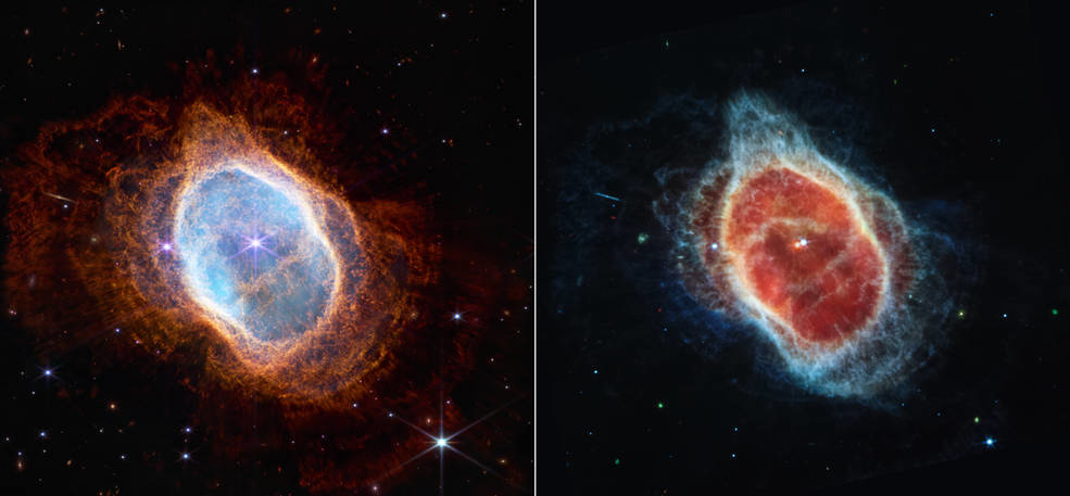 「南のリング星雲」という呼び名で知られる、死にかけた恒星を取り巻くガスでできた惑星状星雲「NGC 3132」。ウェッブ望遠鏡は、中心部にある2つ目の星を初めて捉えた（出典：NASA）