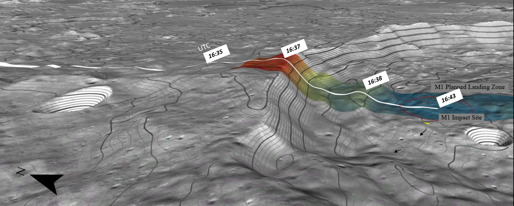 米航空宇宙局（NASA）の月周回衛星「Lunar Reconnaissance Orbiter（LRO）」が撮影した画像にランダーの航行ルートを示した（出典：NASA）