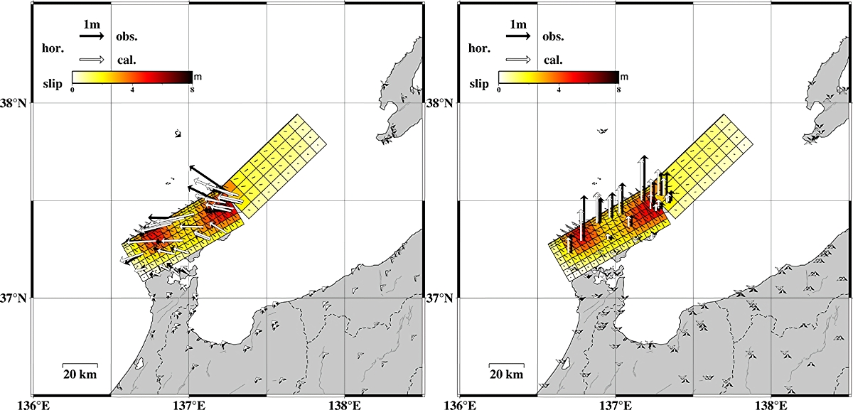 （左）推定された地震時すべり分布と水平変位場の比較。黒矢印が観測値、白矢印がモデルから期待される変位を示す。（右）推定された地震時すべり分布と上下変位場の比較（出典：ソフトバンク）