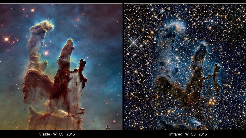 こわし星雲の画像の比較。左の画像は可視光で見られるもの。右の画像は、JWSTの能力、赤外線感知を取り入れている。覆い隠されているほこりやガスの影響で、馴染みのない眺めになっている（提供：NASA, ESA, Hubble and the Hubble Heritage Team）