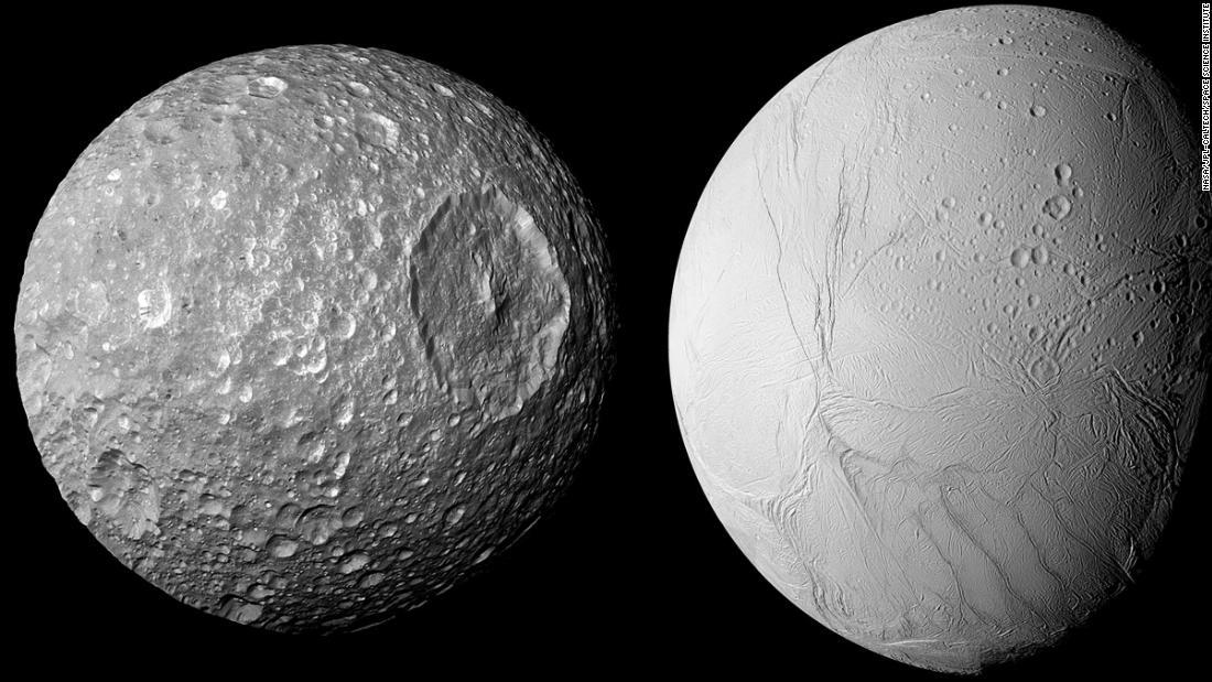 土星最小の衛星ミマス（左）は衛星エンケラドスのように内部に海が存在する可能性がある