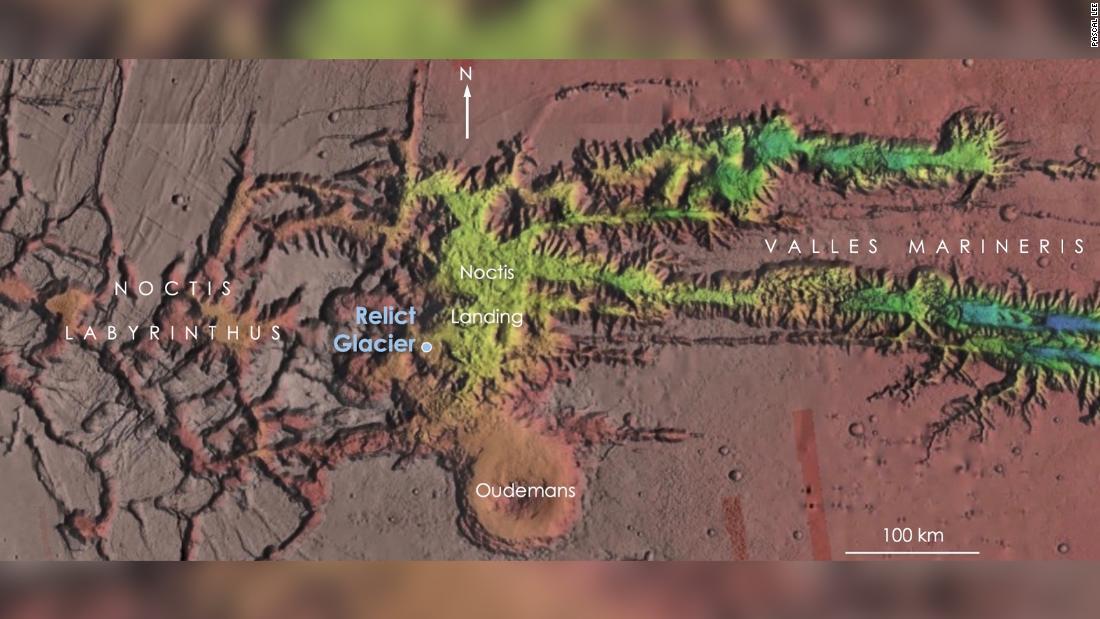 氷河の跡が見つかった場所を示す火星の赤道付近の地図/Pascal Lee