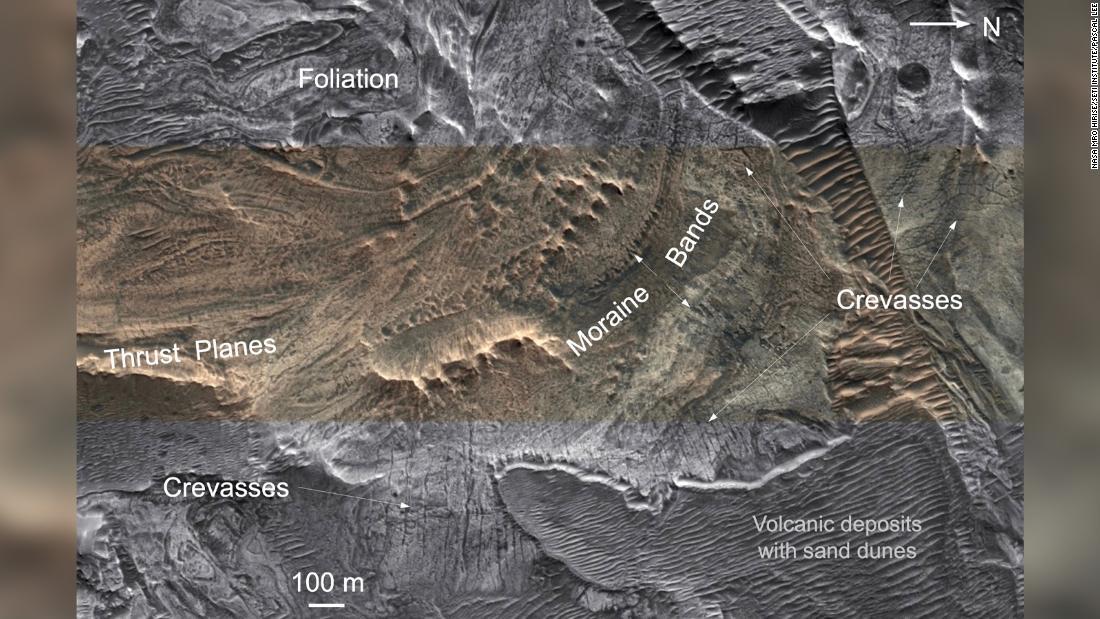氷河の詳細を示した高解像度の画像/NASA MRO HiRISE/SETI Institute/Pascal Lee