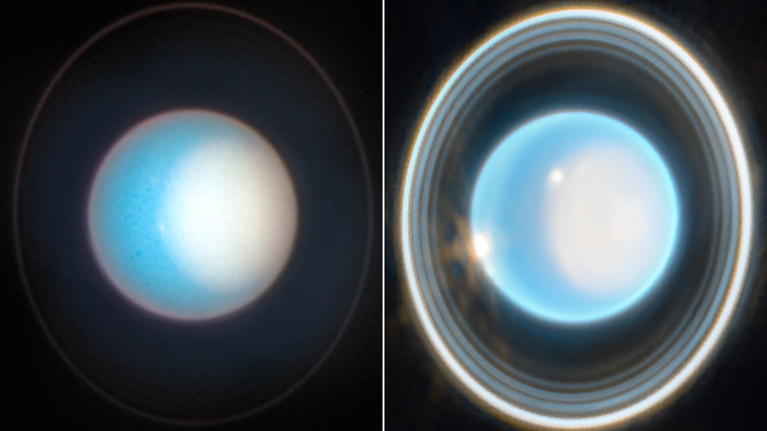 ハッブル宇宙望遠鏡が捉えた天王星の画像（左）とジェームズ・ウェッブ宇宙望遠鏡が捉えた、より高精細な天王星の画像/NASA/NASA