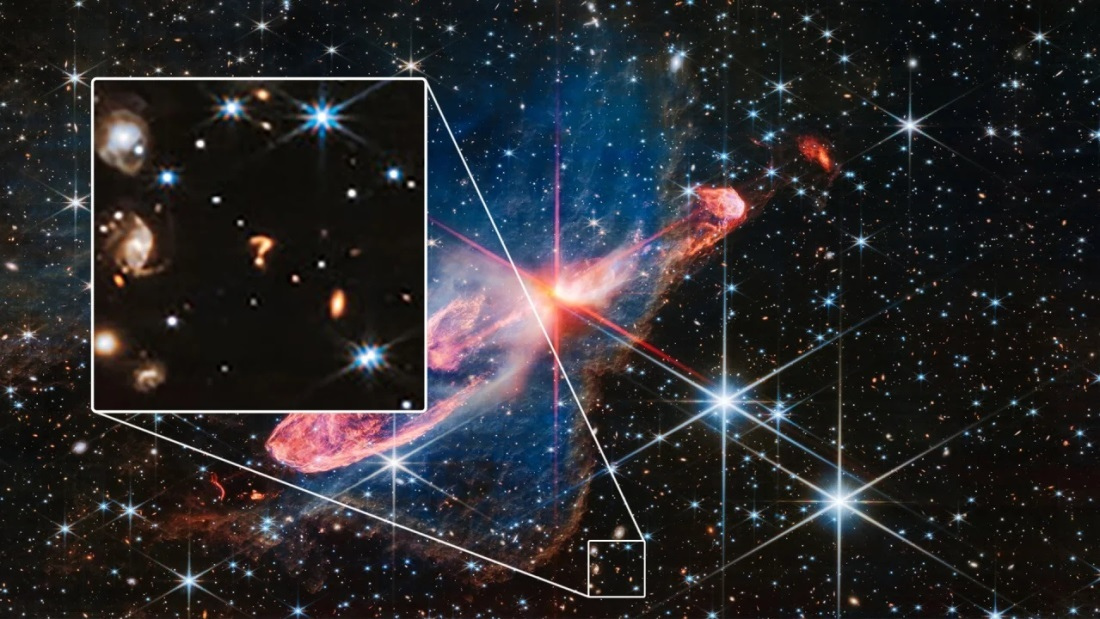 専門家によれば、はてなマークは二つの銀河の相互作用によるものの可能性がある/NASA/ESA/CSA/Joseph DePasquale (STScI)