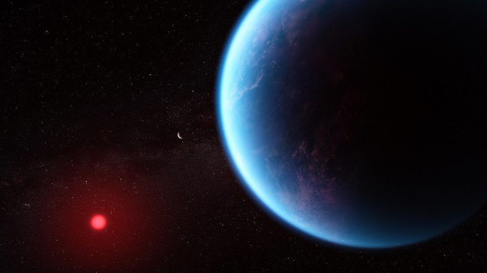 太陽系外惑星「K2-18 b」が主恒星を周回する軌道上でどのように見えるかを示したイラスト（出典：NASA, CSA, ESA, J. Olmsted (STScI), Science: N. Madhusudhan (Cambridge University)）