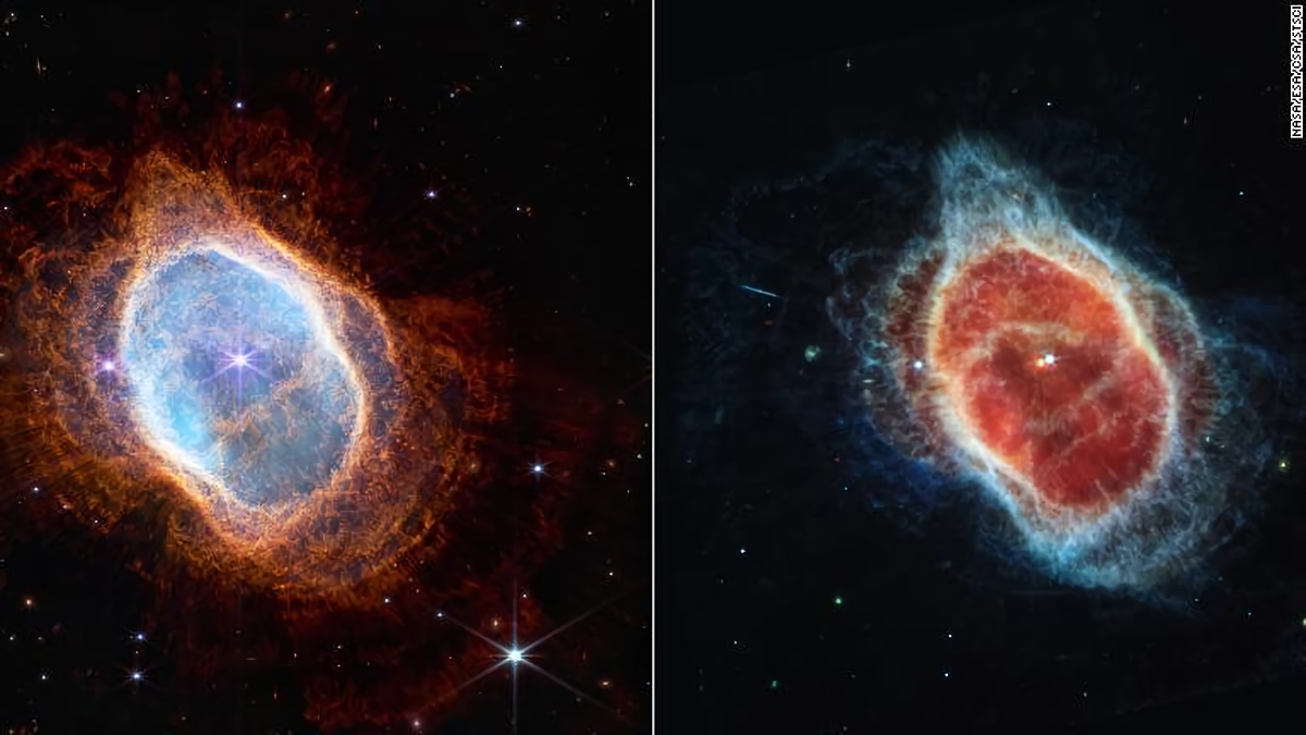 「南のリング星雲」を捉えた近赤外線光（左）と中間赤外線（右）の画像を比較