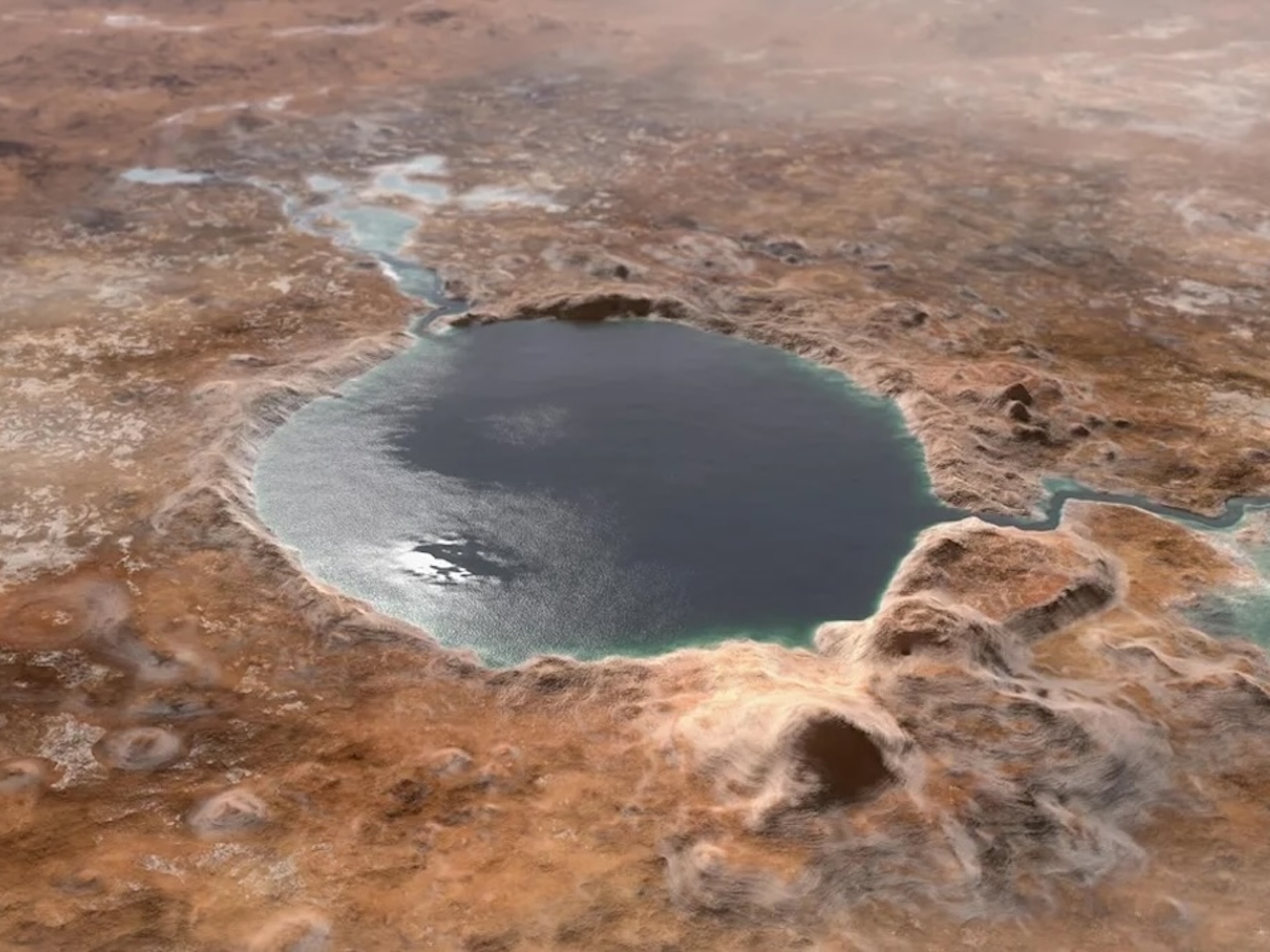 火星に古代湖の存在を確認、微生物が生息の可能性--クレーターを水が満たす